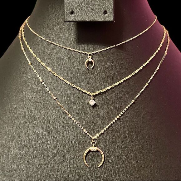 NWT Express Multi-Strand Multi-Layer Cubic Zirconia Moon Gold Tone Necklace - Picture 1 of 5